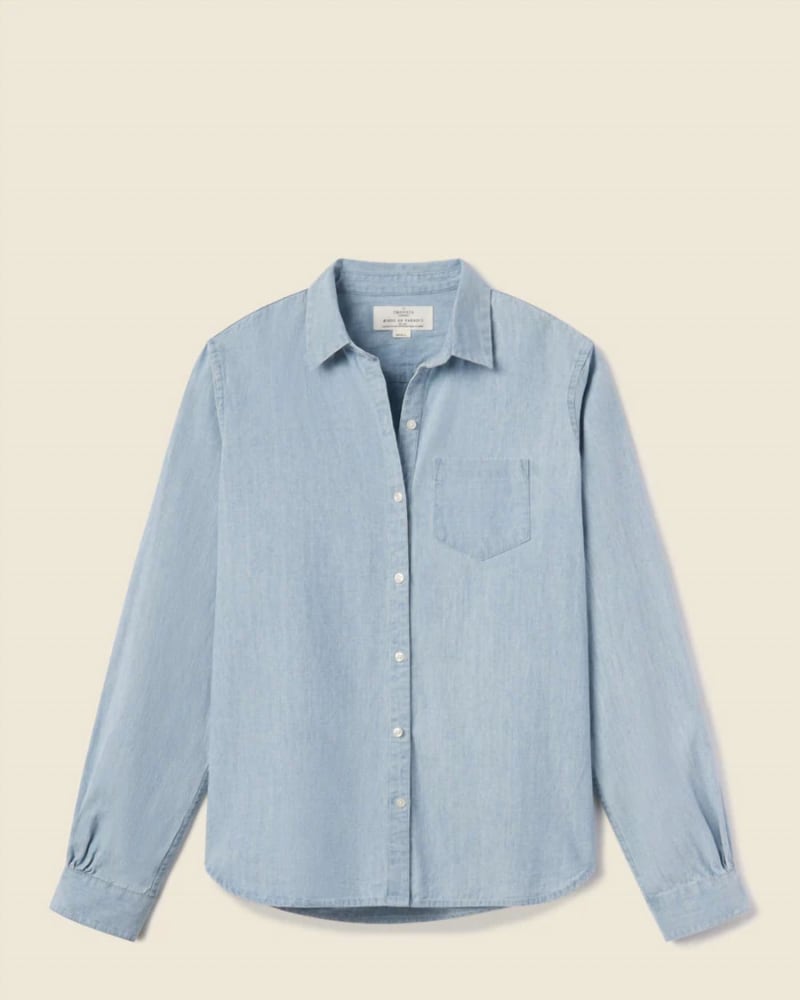 Front of a size L Grace Classic Shirt in Chambray in Chambray by TROVATA. | dia_product_style_image_id:334200